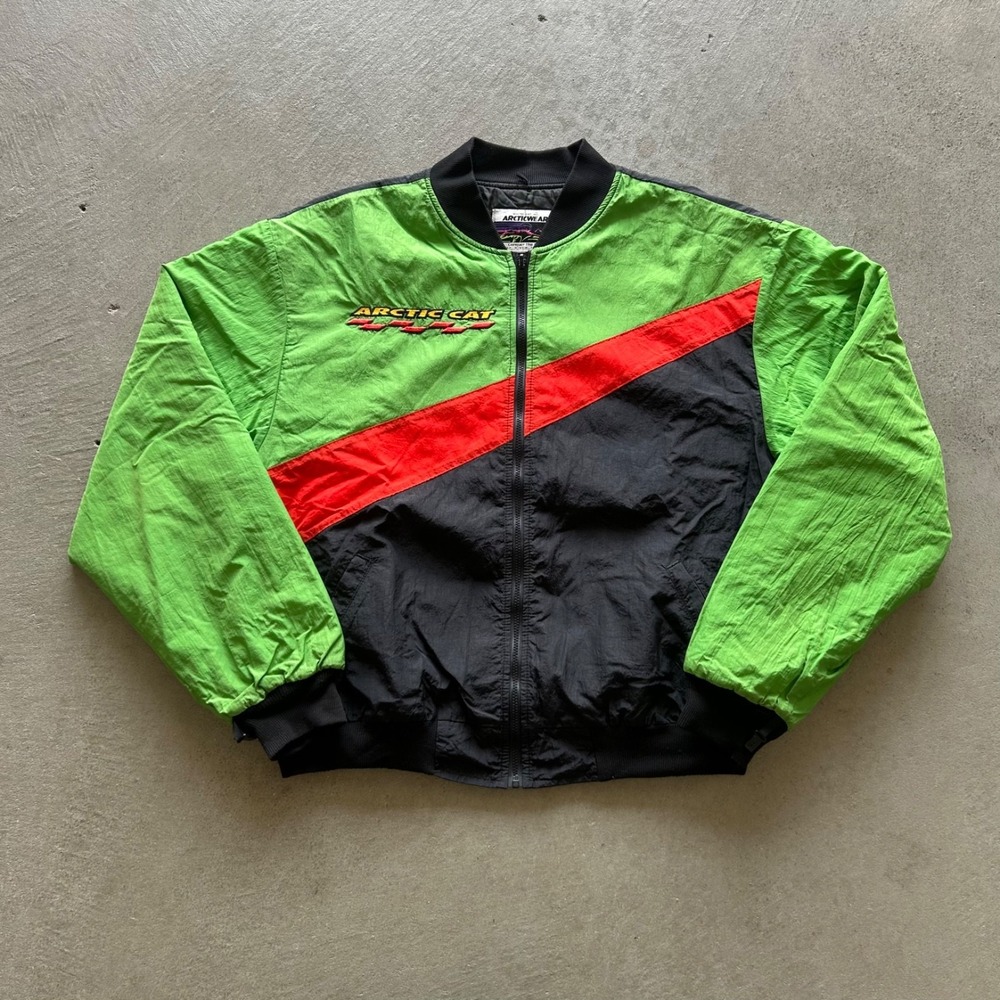 Vintage 90s Arctic Cat Jacket Size XL Green Black Bomber Arcticwear Snowmobile
